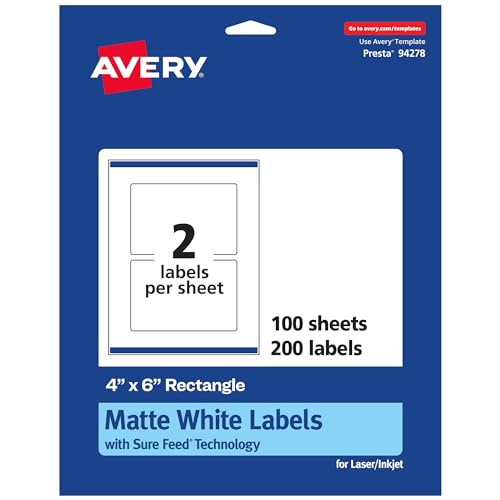 Avery® Matte White Rectangle Labels, Sure Feed® Technology, 4" x 6", 200 White Labels, Print-to-The-Edge, Permanent Adhesive, Laser/Inkjet Printable - style: 200 labels