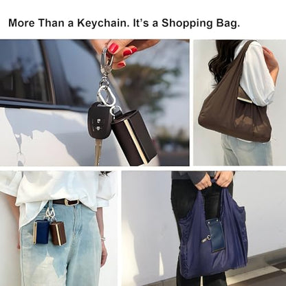 Foldable Nylon Tote Bag w/Keychain Lightweight Reusable Shopping Bag - color: Brown