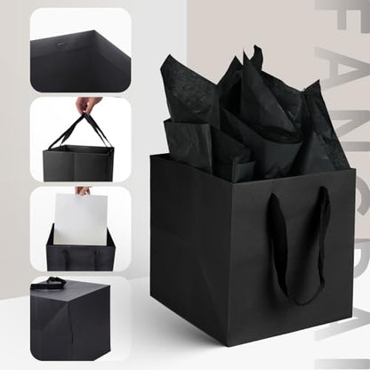 Papertide 12 Pack 6x6x6 inch Black Square Gift Bags with Tissue Ppaper - color: Black