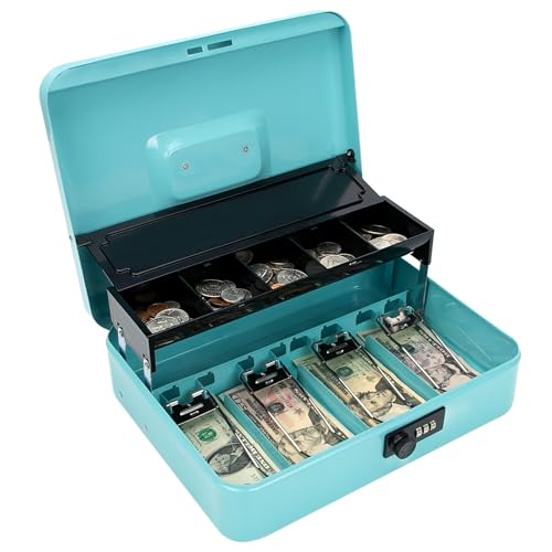 Cash Box with Combination Lock & Auto-Pop Coin Tray – Secure Steel Money Box with 4 Upgraded Finger-Safe Bill Clips, Premium Smooth Scratch-Resistant Coating, 11.8", Combo Teal - color: Combo Teal