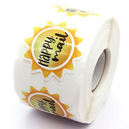 Happy Mail Stickers Roll 500 Labels Per,Cute Sun Mailing Stickers for Small Business Envelopes Shipping Package Packing - color: Happy Mail Sun