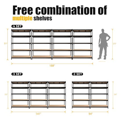 PrimeZone 47"W x 18"D x 72"H Garage Storage Shelves, 5-Tier Metal Shelving - size: 47"W x 18"D x 71"H