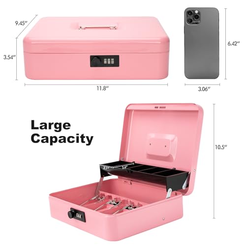 Cash Box with Combination Lock & Foam Auto-Pop Coin Tray – Secure Steel Money Box with 4 Upgraded Finger-Safe Bill Clips, Premium Smooth Scratch-Resistant Coating, 11.8", Combo Pink - color: Combo Pink