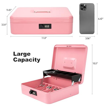 Cash Box with Combination Lock & Foam Auto-Pop Coin Tray – Secure Steel Money Box with 4 Upgraded Finger-Safe Bill Clips, Premium Smooth Scratch-Resistant Coating, 11.8", Combo Pink - color: Combo Pink