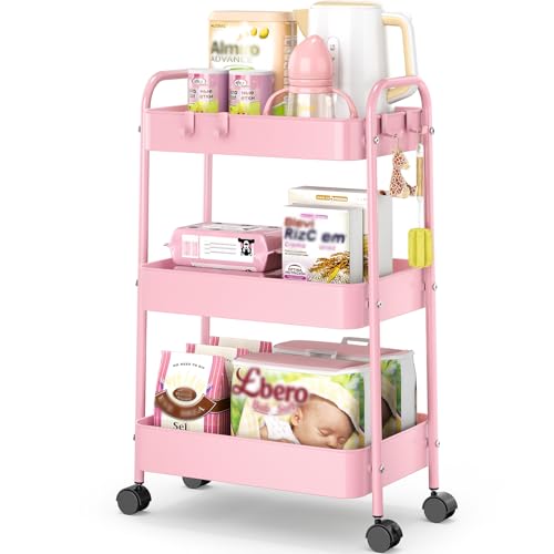 TOOLF 3 Tier Rolling Cart, Metal Utility Storage Cart with Wheels, Pink - color: Pink