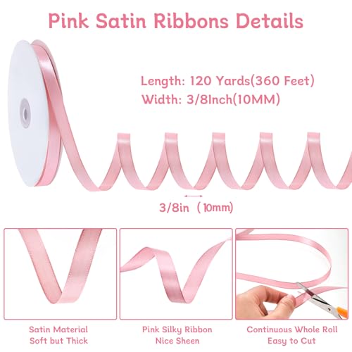 woric 120 Yards Pink Ribbon 3/8 Inch Light Pink Satin Ribbons - color: Pink