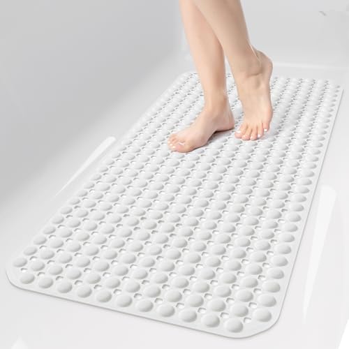 OTHWAY Bath Tub Shower Mat Non Slip, Bathtub Floor Liner Mats for Inside Shower Bathroom, Suction Cups and Drain Holes for Feet Scrubbing, Machine Washable, Soft on Feet, 35x16 Inch, White - color: White