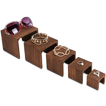 MOOCA Wooden Jewelry Display Stand Set, 5-Piece Product Risers - color: Brown N Shape, 5 Pieces