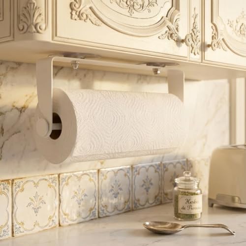PHUNAYA Under Cabinet Paper Towel Holder Wall Mount for Home Kitchen,Stainless Steel for Large Rolls-White - color: White
