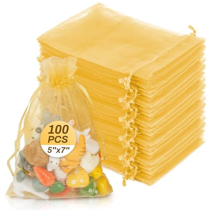 Sukh Gold Organza Bags 5"x7" - 100PCS Small Mesh Drawstring Gift Bags - color: Gold, size: 100 Count (5 x 7 Inches)
