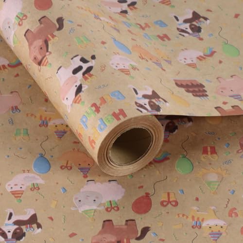 Aimyoo Farm Animals Kids Kraft Birthday Wrapping Paper Jumbo Roll, Baby Barn Animal Gift Wrap Paper 17 in x 32 ft - color: Farm Animals, size: 17 in x 32 ft
