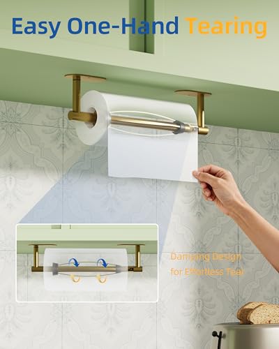 RUACQ Paper Towel Holder Under Cabinet, One Hand Tearing, Brushed Gold - color: Brushed Gold, size: One Hand Tear - Oval
