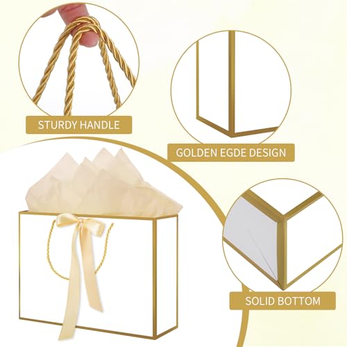 woric 2 Pcs White Gold Foil Gift Bags, 14" Medium Wedding Gift Bag - color: White with Gold Edge