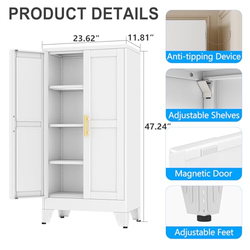 pozdeg 47.24" White Steel Tall Garage Storage Cabinet - color: White, size: 11.81"D x 23.62"W x 47.24"H