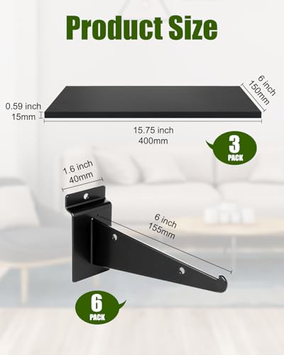 6 Pack 16x6 Inch Wooden Slatwall Shelves with Metal Brackets, Black - size: 6-Pack 16" x 6"