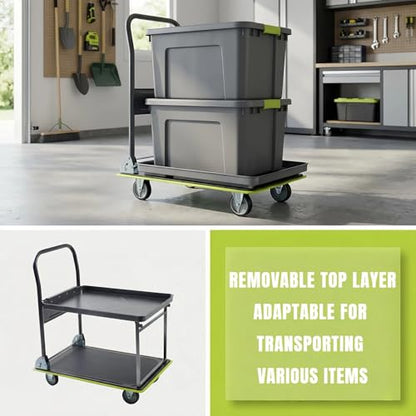 2 Tier Foldable Flatbed Cart, Push Cart Dolly, Removable Top Shelf