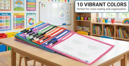 Dry Erase Pockets, 10 Pack Oversized 10 x 14 Reusable Sleeves for 8.5 x 11 Worksheets, Heavy Duty Clear Dry Erase Sheet Protectors with 10 Markers, Grommet & Loop for Classroom, Homeschool & Office