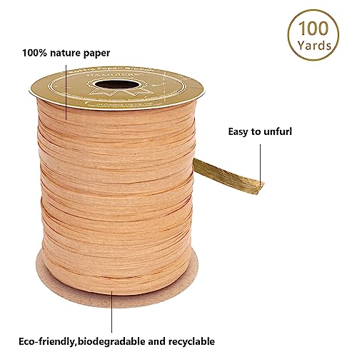 Raffia Ribbon for Gift Wrapping, Packing Paper Twine, Craft Ribbon Raffia Yarn for Crochet - 1/4'' Wide, 100 Yards, Kraft - color: Kraft