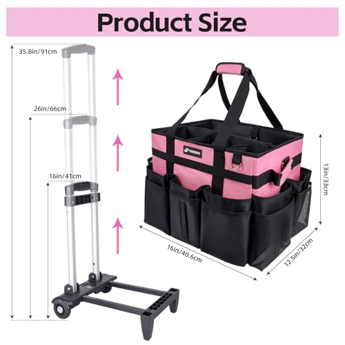 Large Rolling Cleaning Caddy Bag with Wheels, with Detachable Trolley, Cleaning Bags on Wheels for Housekeepers, Cleaning Cart Supplies Organizer for Home, Car, Picnic (Pink) - color: Pink