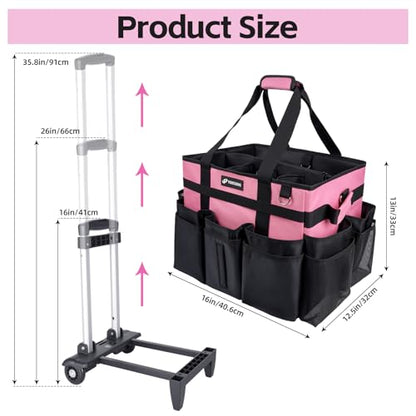 Large Rolling Cleaning Caddy Bag with Wheels, with Detachable Trolley, Cleaning Bags on Wheels for Housekeepers, Cleaning Cart Supplies Organizer for Home, Car, Picnic (Pink) - color: Pink