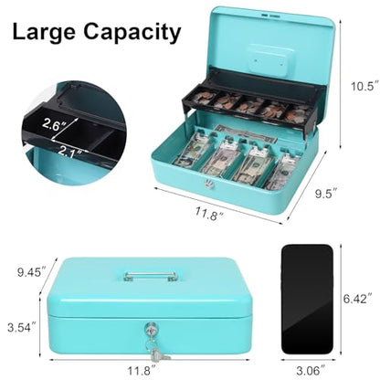 Jssmst Metal Cash Box with Money Tray and Lock, Portable Cash Drawer, 11.8" - color: Light Blue Key