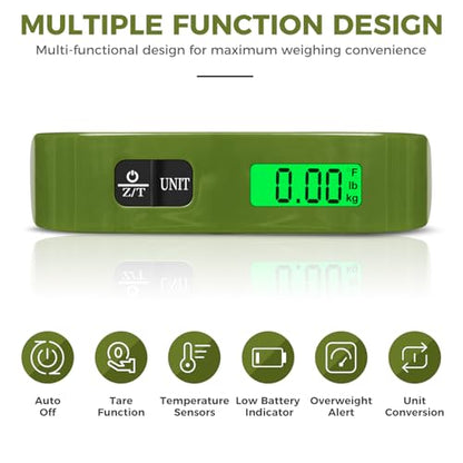 BAGAIL Digital Luggage Scale, 110lbs Hanging Baggage Scale with Backlit LCD Display, Portable Suitcase Weighing Scale, Travel Luggage Weight Scale with Hook, Strong Straps for Travelers - color: Olive Green