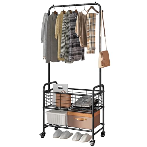 SUOERNUO Laundry Cart with Basket Hanging Rack Sorter with Wheels Shelf - color: Black