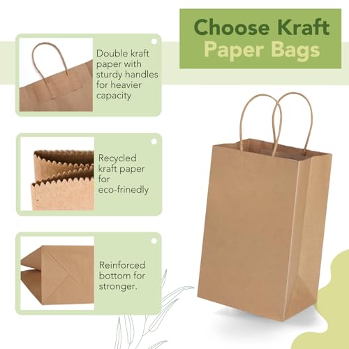 MESHA Gift Bags 200Pcs 5.25x3.75x8 Small Brown Paper Bags with Handles Bulk - color: Brown