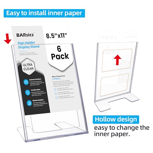 BARsics Plastic Sign Holder 8.5x11 Clear, Top-Load Paper Standing Display (Pack of 6)