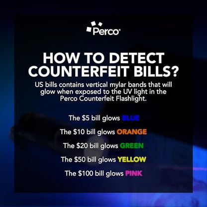 Perco Counterfeit Flashlight - Portable & Reliable Device with UV Light Detection - Fake US Bill Checker for Personal & Commercial Use - Ensures Authenticity & Prevents Fraud