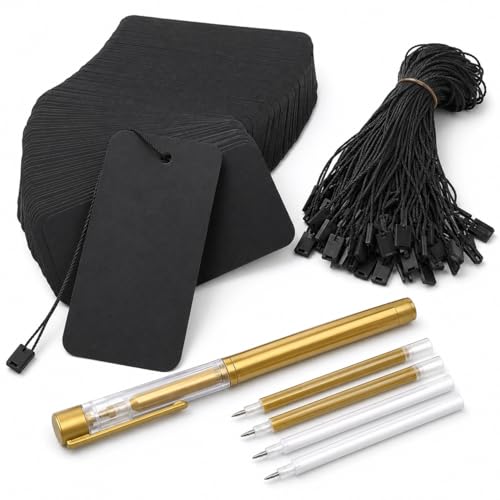 400-Pack Black Kraft Price Tags with Strings, 3.54 x 1.97 Inch Hang Tags for Clothing & Jewelry, Complete Labeling Set with Marker + 2 Gold & 2 White Refills for Boutique, Gifts, Crafts