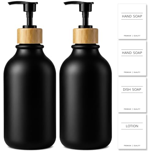 KASUNTING Hand Soap Dispenser Bathroom, Black Dish Soap Dispenser for Kitchen, 17 Fl Oz Plastic Hand and Dish Soap Dispensers Set with Bamboo Pump, 2 Pack Refillable Liquid Lotion Containers Bottle - color: Black, size: 2 Bottles