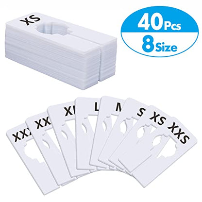 40 Pack Rectangular White Plastic Clothing Size Closet Rack Dividers Hangers, Preprinted in 8 Sizes XXS, XS, S, M, L, XL, XXL, XXXL (2.5”x 5”, Inner Diameter 1.38”) - color: White/Printed, size: 40 Pcs