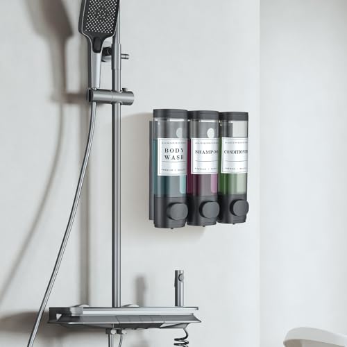 Shampoo and Conditioner Dispenser Shower Dispenser Body Wash Wall Mounted Shampoo Dispenser for Shower Wall No Drill for Bathroom Hotel 3 Chamber x 350ml Black with Waterproof Labels - color: Black 3