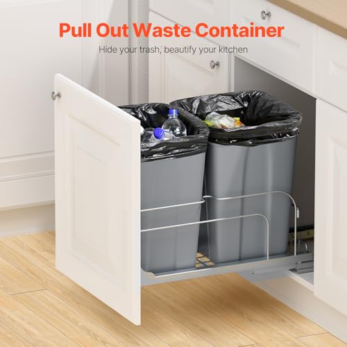 VEVOR Pull-Out Trash Can, 27 QT x2 Double Under Mount Kitchen Waste Container, Heavy Duty Garbage Recycling Bin with Door Kit and Soft Close Slide, for Kitchen Cabinet, Sink, Under Counter (Grey) - size: 54QT