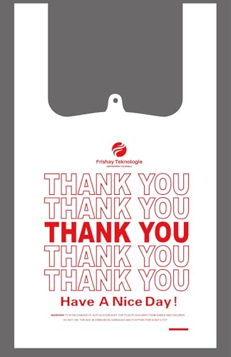 50 Count Thank You Plastic T-Shirt Bags with Handles, Heavy Duty 1.0 Mil (26 Micron) White HDPE, 11 x 6 x 21 in (1/6 BBL), Recyclable Grocery Carryout for Restaurants & Retail