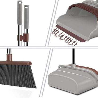 Upgrade Broom and Dustpan Set, Self-Cleaning with Dustpan Teeth, Ideal for Dog Cat Pets Home Use, Super Long Handle Upright Stand Up Broom and Dustpan Set (Brown) - color: Brown-02