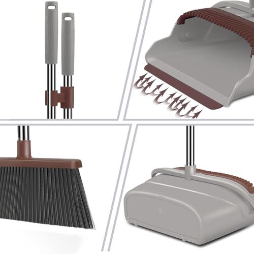 Upgrade Broom and Dustpan Set, Self-Cleaning with Dustpan Teeth, Ideal for Dog Cat Pets Home Use, Super Long Handle Upright Stand Up Broom and Dustpan Set (Brown) - color: Brown-02
