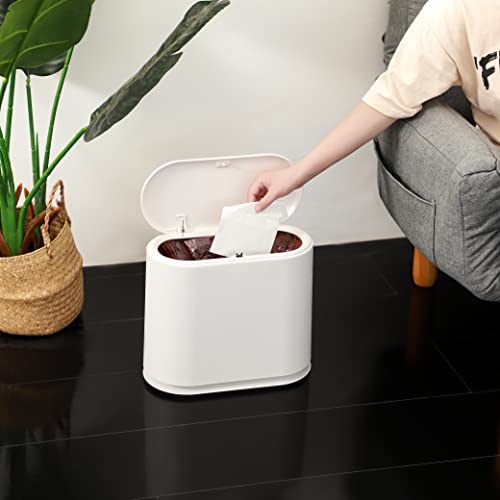 KLGO 2.4 Gallon Slim Plastic Trash Can Wastebasket,10 Liter Rectangular Double Barrel Garbage Container Bin for Bathroom,Bedroom, Kitchen and Office,Removable Liner Bucket,White