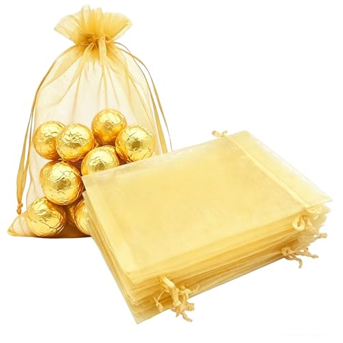 TICBRY 5x7 Inch Sheer Organza Mesh Drawstring Gift Goodie Bags Gold 50pcs - color: Gold, size: 5x7 Inch (Pack of 50)
