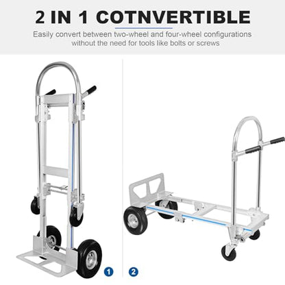 Leomru Aluminum Hand Truck, Heavy Duty Convertible Hand Truck Dolly 2 in 1 Design, 880 LBS Utility Cart Dolly Cart with Rubber Wheels Commercial Grade for Transportation in Warehouse