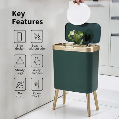 Procade Green Bathroom Trash Can with Lid,4 Gallon Retro Gold Garbage Can - color: Green