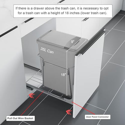 Dowell B15 Aluminum Base Wastebasket Pullout with Door Mount and 35Qt/9Gal Plastic Bin (4012 0115+35) - size: Single Pull-Out - 35Qt