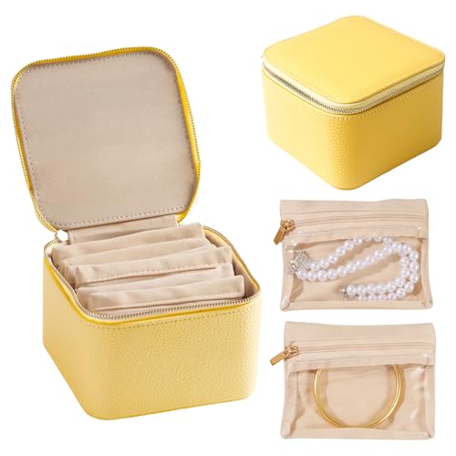 Travel Jewelry Case with 6 Velvet Zipped Pouches Bags, Yellow - color: Yellow - 6 Pouch