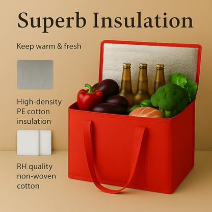 musbus 2Pk Insulated Reusable Grocery Bags, Collapsible Cooler Bag for Groceries, Heavy Duty Large Insulated Bag (Large, Bright Red) - color: Red, size: X-Large（16W x 12.5H x 9D）