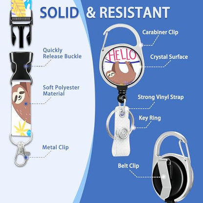Cute Sloth Badge Holder Colorful Tropical Leaves Plastic Case with Retractable Badge Reel Carabiner Clip and Detachable Lanyard Strap Vertical Card Protector for Women Nurse Teacher Student - color: Cute Sloth