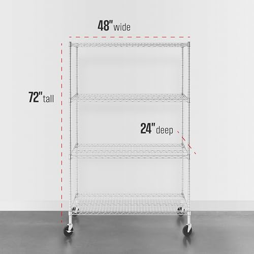 SafeRacks NSF Heavy Duty 4-Tier Steel Wire Rack w/Wheels (24"x48"x72") - color: Silver, size: 24"x48"x72" 4-Tier