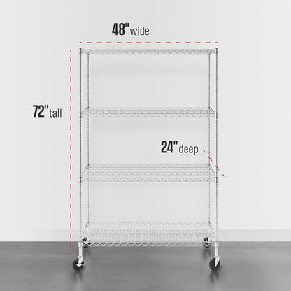 SafeRacks NSF Heavy Duty 4-Tier Steel Wire Rack w/Wheels (24"x48"x72") - color: Silver, size: 24"x48"x72" 4-Tier