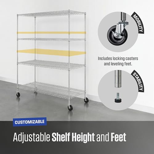 SafeRacks NSF 4-Tier Heavy Duty Steel Wire Rack w/Wheels (24"x60"x72") - color: Silver, size: 24"x60"x72" 4-Tier