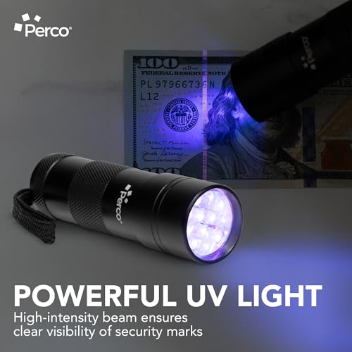 Perco Counterfeit Flashlight - Portable & Reliable Device with UV Light Detection - Fake US Bill Checker for Personal & Commercial Use - Ensures Authenticity & Prevents Fraud